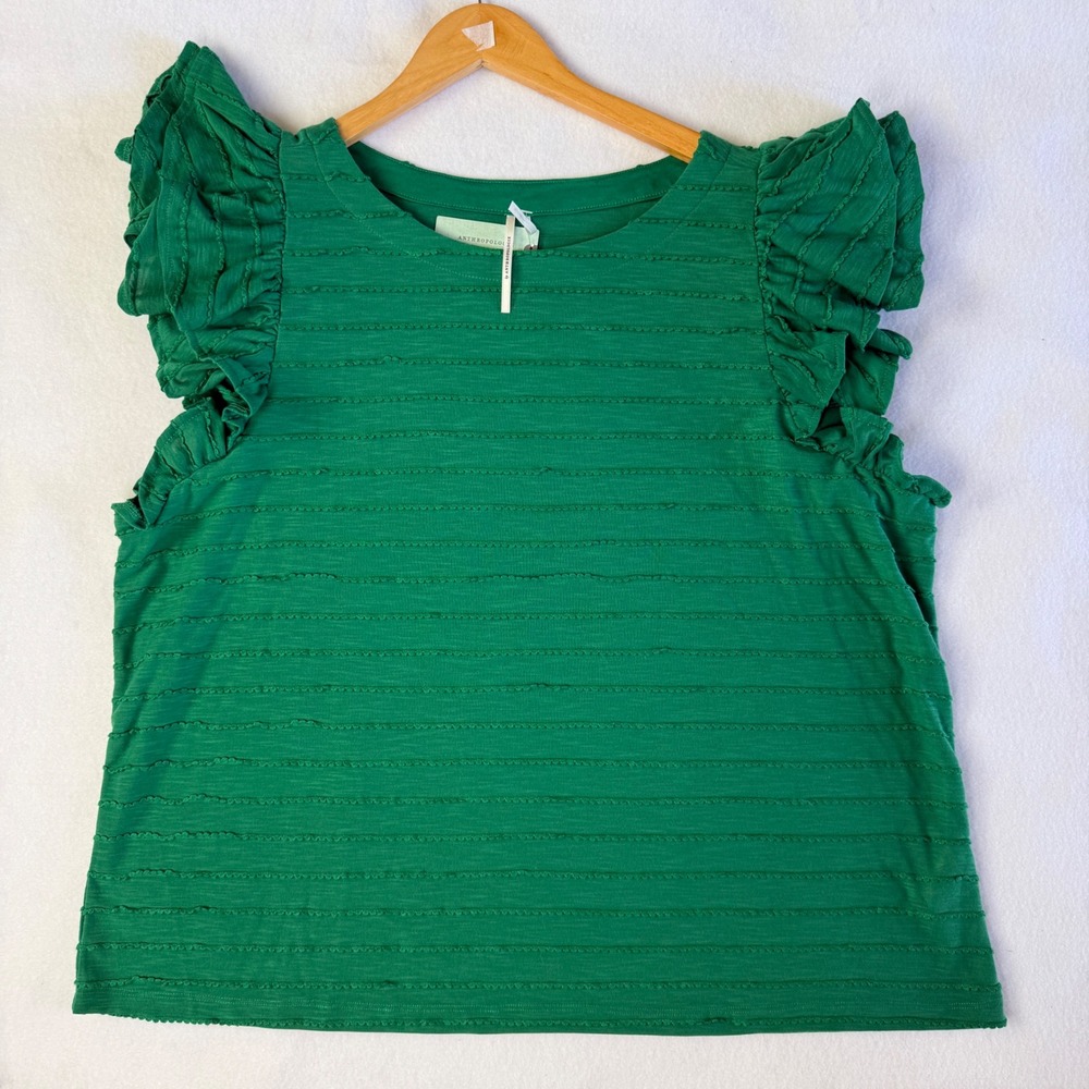 Anthropologie Plus Emerald Green Textured Ruffle Sleeve Top‎ Size 2X Boho chic